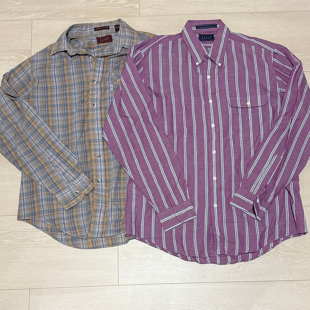 Levi's Bundle Men's Gray Plaid and Purple Striped Long Sleeve Button Down Shirts